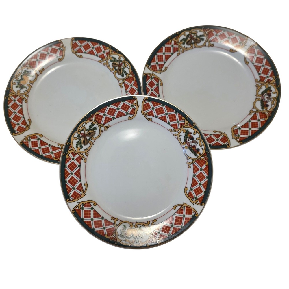 VTG Gibson China Windsor Christmas Salad Plates Set of 3 Gold Trim Holiday Plaid